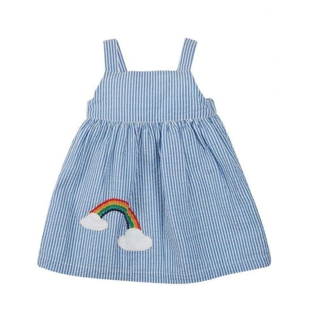 NWT Frugi Cobalt Seersucker Rainbow Applique Alma Summer Dress Size 3-4y